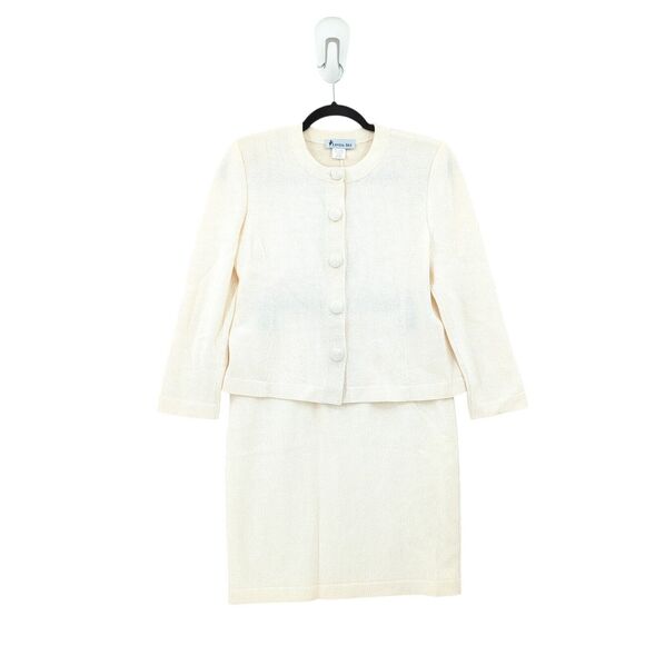 Linda Iki Women S Suit Set White Knit Blazer Skirt Hawaiian Buttons VTG FLAW - Picture 1 of 13